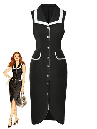 Black 1960s Sleeveless Lapel Button Bodycon Dress - vintage dress, retro fashion, classic black