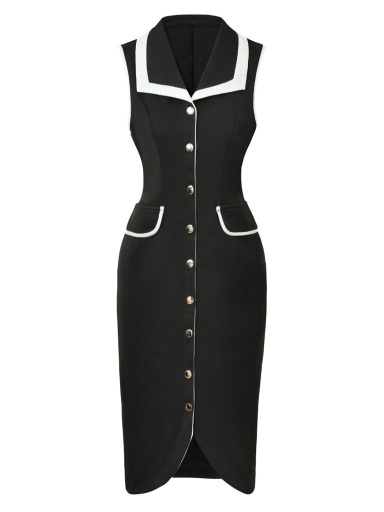 Black 1960s Sleeveless Lapel Button Bodycon Dress, vintage dress, retro fashion - perfect for women who love vintage and retro fashion