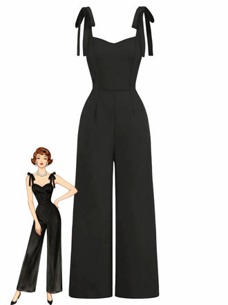 Black 1960s Sleeveless Spaghetti Strap Square Neck Vacation Jumpsuit