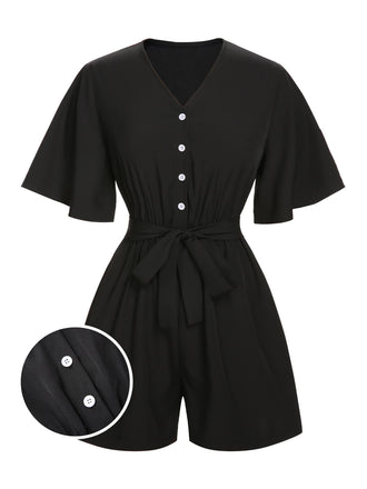 Black 1960s Solid Flare Sleeve V-Neck Romper, vintage romper, retro jumpsuit - perfect for women who love vintage and retro fashion