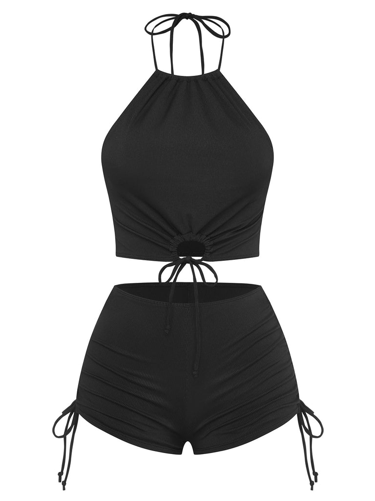 Black 1960s Solid Halter Ruched Bikini Set: beautiful vintage swimwear, retro swimsuit, pin-up style with timeless appeal