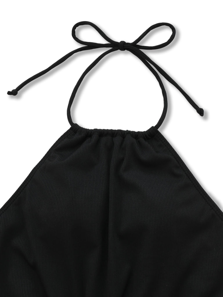 Black 1960s Solid Halter Ruched Bikini Set - vintage swimwear, retro swimsuit, pin-up style for vintage lovers