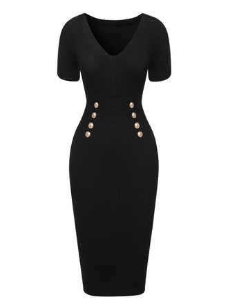 Black 1960s Solid V-Neck Buttons Dress, vintage dress, retro fashion - perfect for women who love vintage and retro fashion