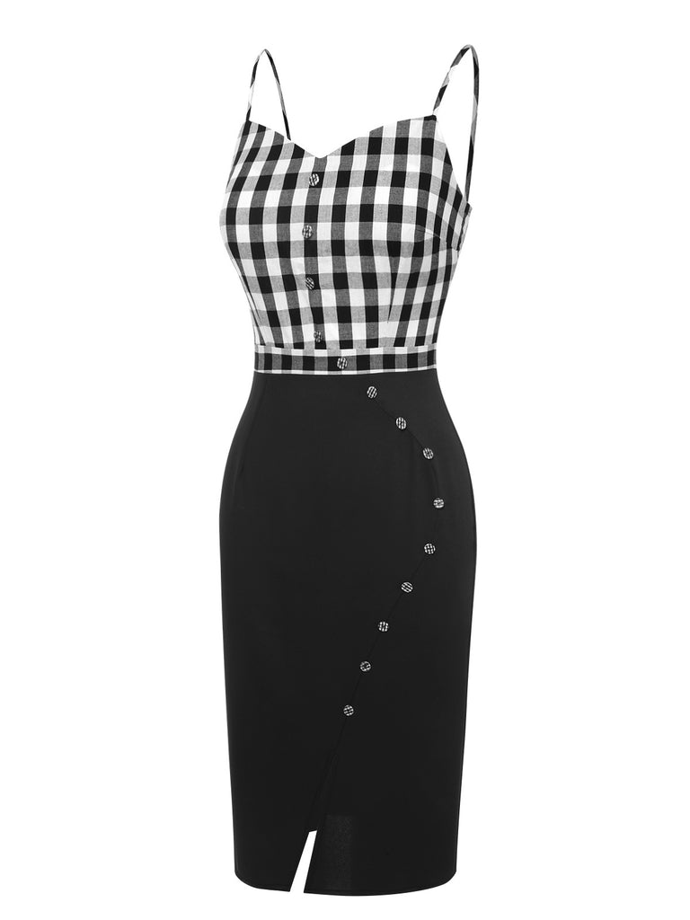 Black 1960s Spaghetti Straps Plaid Patchwork Dress, vintage dress, retro fashion - perfect for women who love vintage and retro fashion