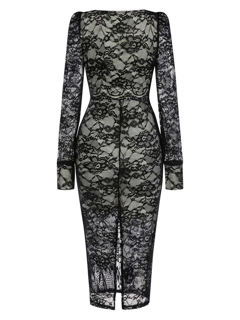 Black 1960s Square Neck Lace Bodycon Dress: where 1960s romance meets her modern spirit
