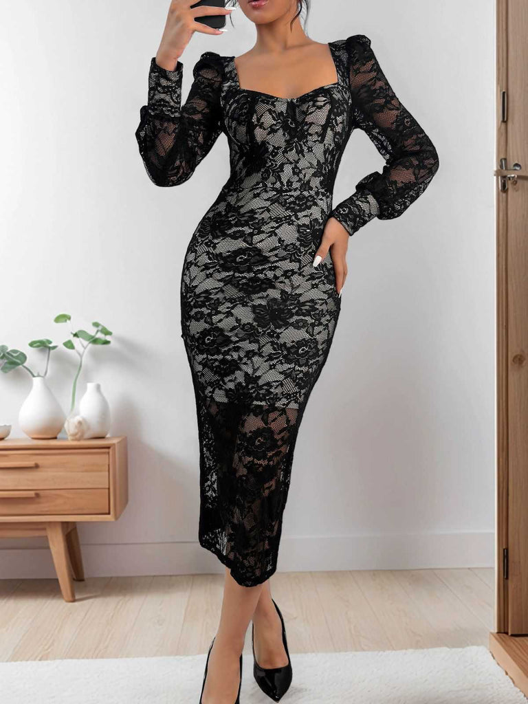 Black 1960s Square Neck Lace Bodycon Dress — the kind of 1960s dress that makes strangers smile
