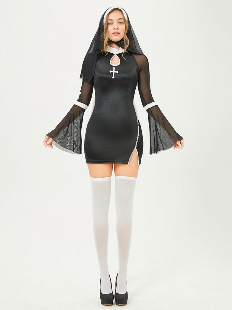 She slips into this Black 1960s Stand Collar Mesh Flare Sleeves Dress and suddenly it's a 1960s daydream