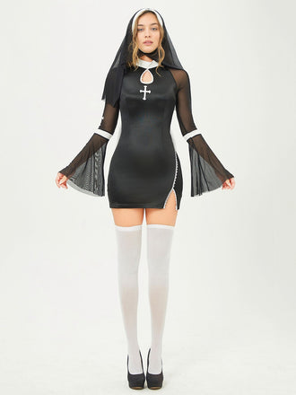 She slips into this Black 1960s Stand Collar Mesh Flare Sleeves Dress and suddenly it's a 1960s daydream