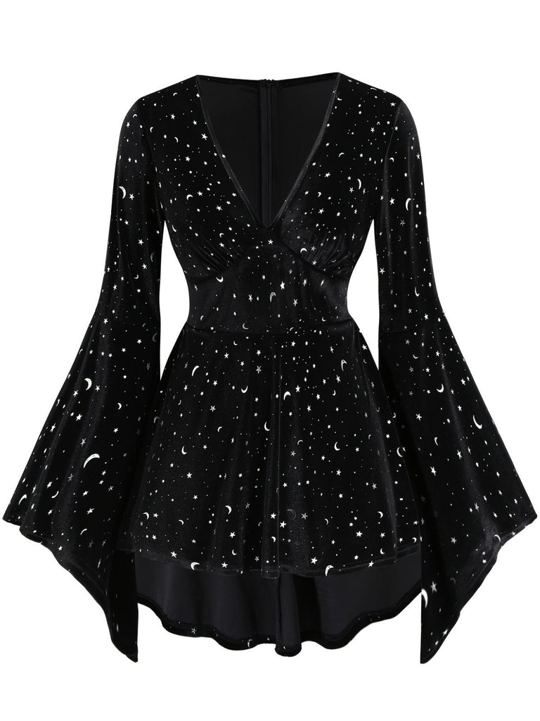Black 1960s Star V-Neck Velvet Dress - vintage dress, retro fashion, classic black