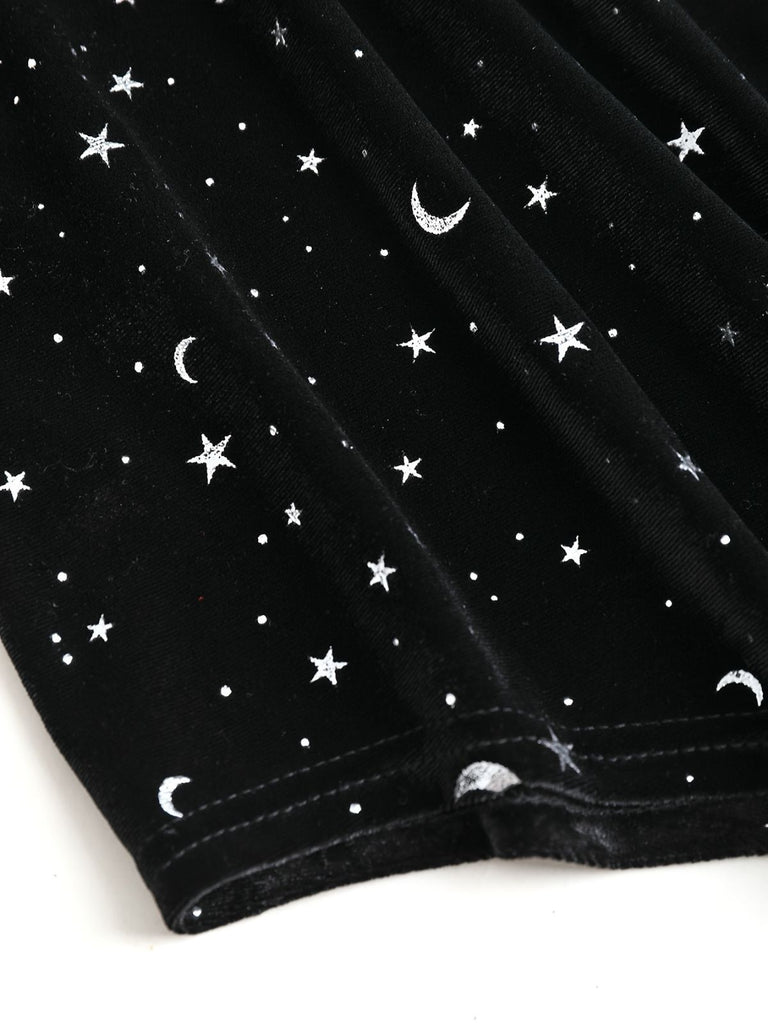 Black 1960s Star V-Neck Velvet Dress - vintage dress, retro fashion, classic black