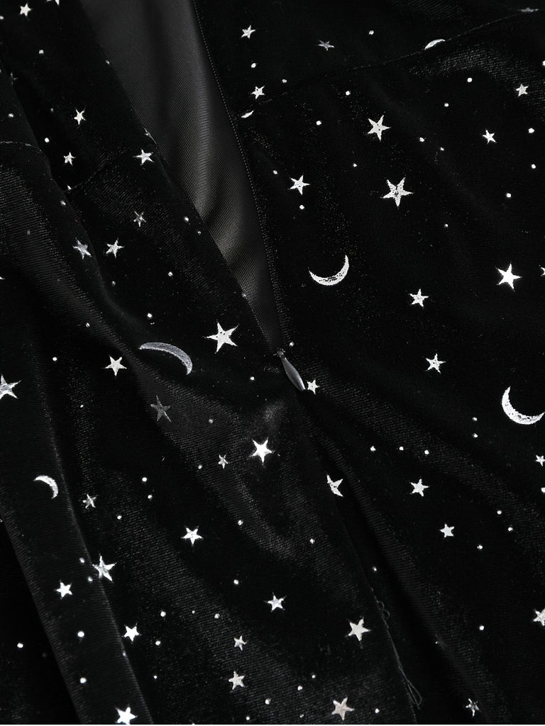 Black 1960s Star V-Neck Velvet Dress - vintage dress, retro fashion, classic black