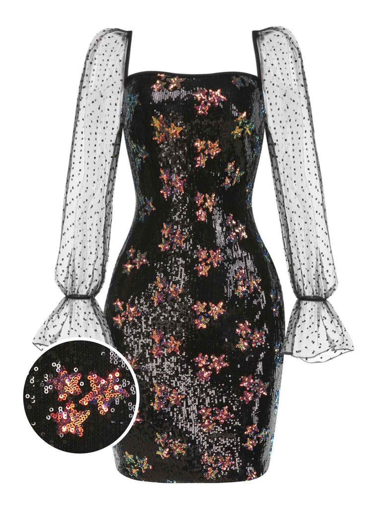 Black 1960s Stars Sequined Mesh Patchwork Dress, vintage dress, retro fashion - perfect for women who love vintage and retro fashion