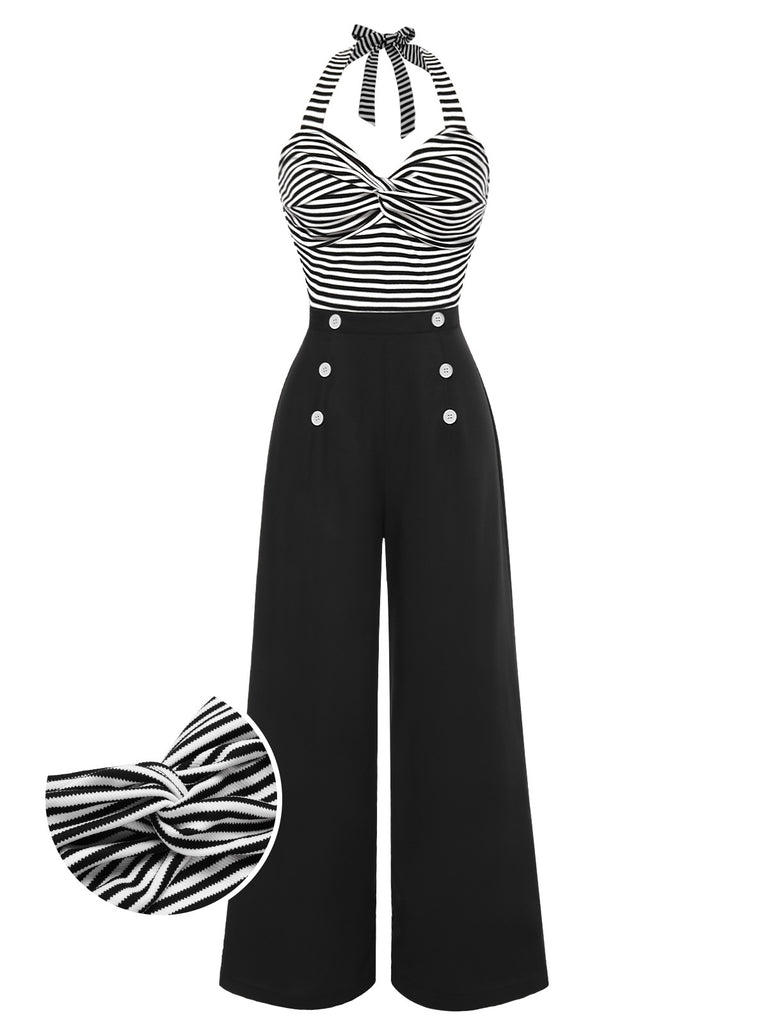 Black 1960s Stripe Knit Patchwork Halter Jumpsuit, vintage romper, retro jumpsuit - perfect for women who love vintage and retro fashion
