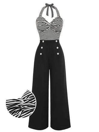 Black 1960s Stripe Knit Patchwork Halter Jumpsuit, vintage romper, retro jumpsuit - perfect for women who love vintage and retro fashion