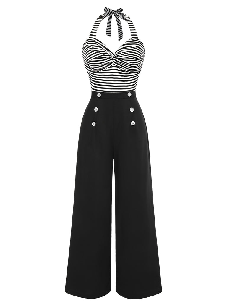 Black 1960s Stripe Knit Patchwork Halter Jumpsuit, vintage romper, retro jumpsuit - perfect for women who love vintage and retro fashion