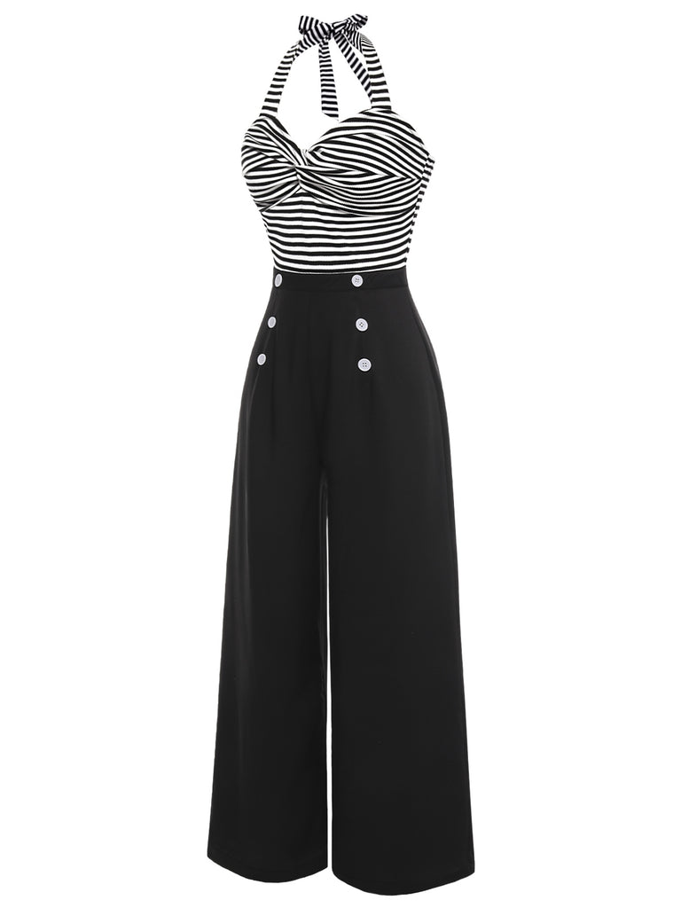Black 1960s Stripe Knit Patchwork Halter Jumpsuit, vintage romper, retro jumpsuit - perfect for women who love vintage and retro fashion
