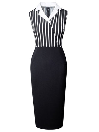 Black 1960s Striped Patchwork Lapel Pencil Dress, vintage dress, retro fashion - perfect for women who love vintage and retro fashion