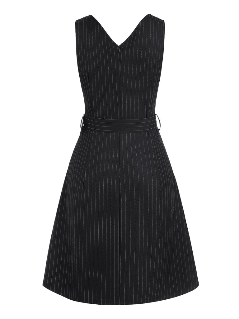 Black 1960s Striped V-Neck Belted Dress — the kind of 1960s dress that makes strangers smile