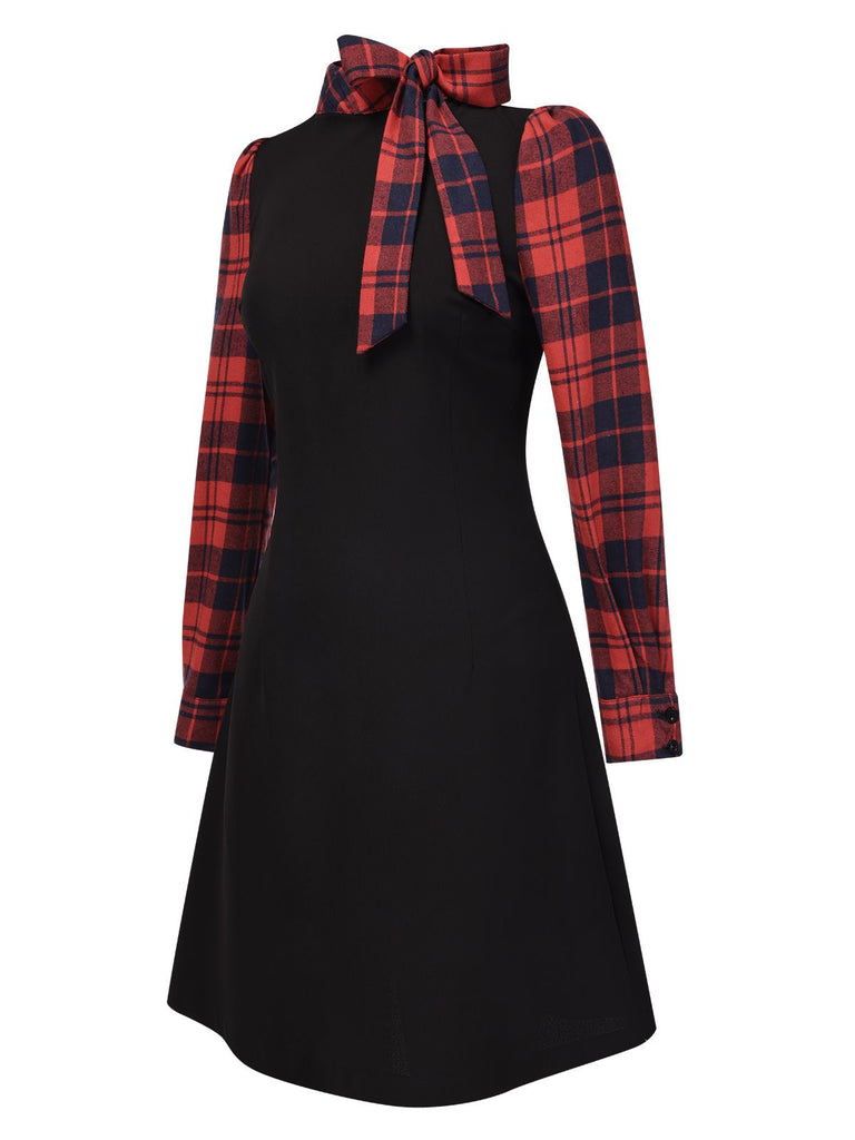 Black 1960s Tie Neck Plaids Bow Dress — the kind of 1960s dress that makes strangers smile
