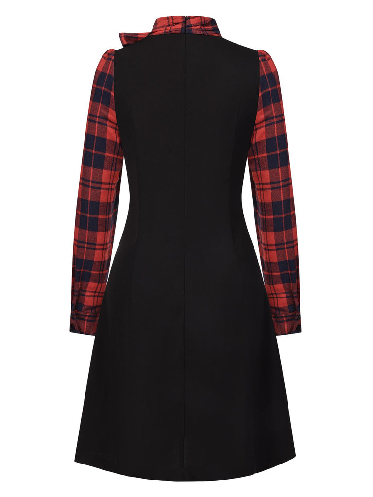 Black 1960s Tie Neck Plaids Bow Dress — a 1960s silhouette that turns sidewalks into runways