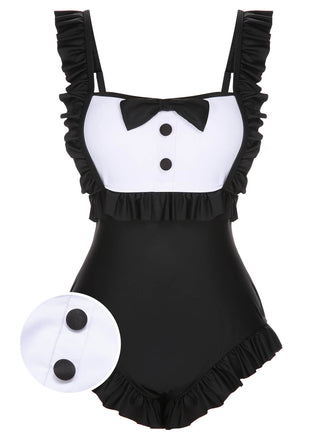 Black 1960s Tuxedo Ruffle Strap Swimsuit, vintage swimsuit, pin-up swimwear - perfect for women who love vintage and retro fashion