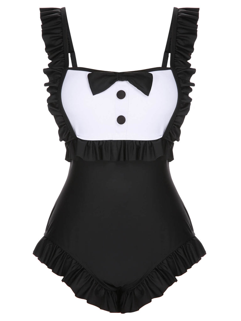Black 1960s Tuxedo Ruffle Strap Swimsuit, vintage swimsuit, pin-up swimwear - perfect for women who love vintage and retro fashion