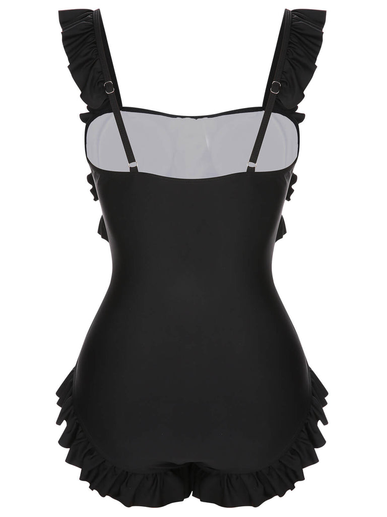 Black 1960s Tuxedo Ruffle Strap Swimsuit, vintage swimsuit, pin-up swimwear - perfect for women who love vintage and retro fashion