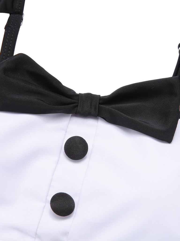 Black 1960s Tuxedo Ruffle Strap Swimsuit, vintage swimsuit, pin-up swimwear - perfect for women who love vintage and retro fashion