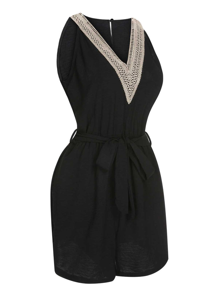 Black 1960s V-Neck Belted Romper: 1960s detail work for the woman who notices