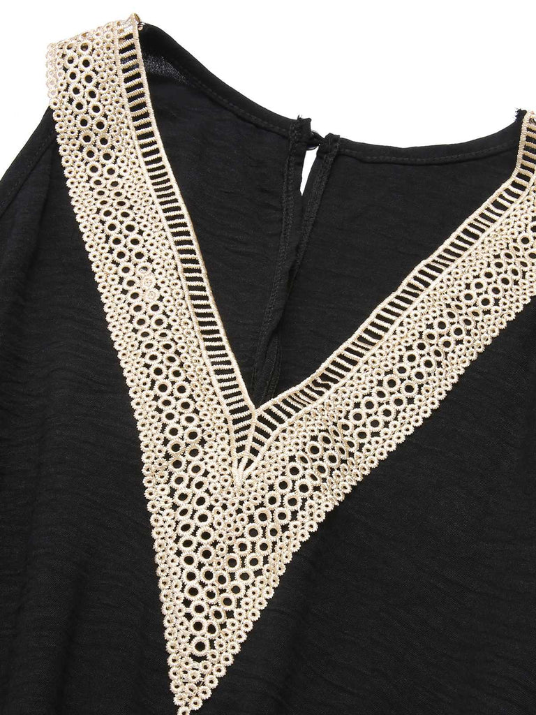 Black 1960s V-Neck Belted Romper — 1960s elegance in the palm of her hand