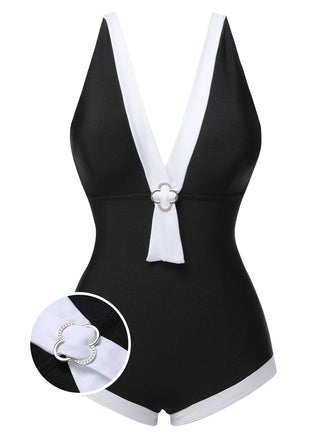 Black 1960s V-Neck Patchwork One-Piece Swimsuit, vintage swimsuit, pin-up swimwear - perfect for women who love vintage and retro fashion