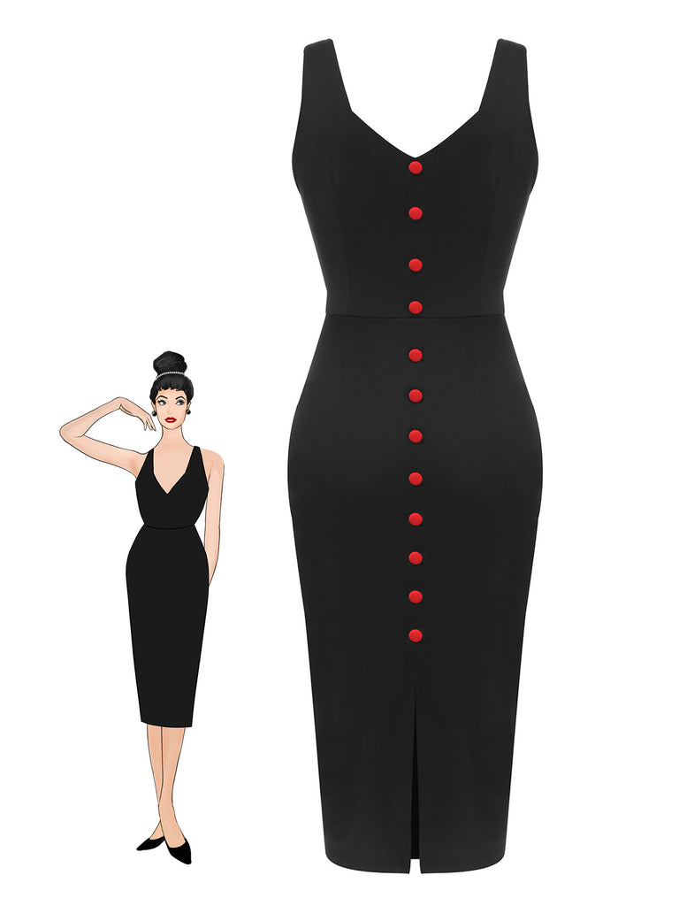 Black 1960s V-Neck Solid Bodycon Dress, vintage dress, retro fashion - perfect for women who love vintage and retro fashion