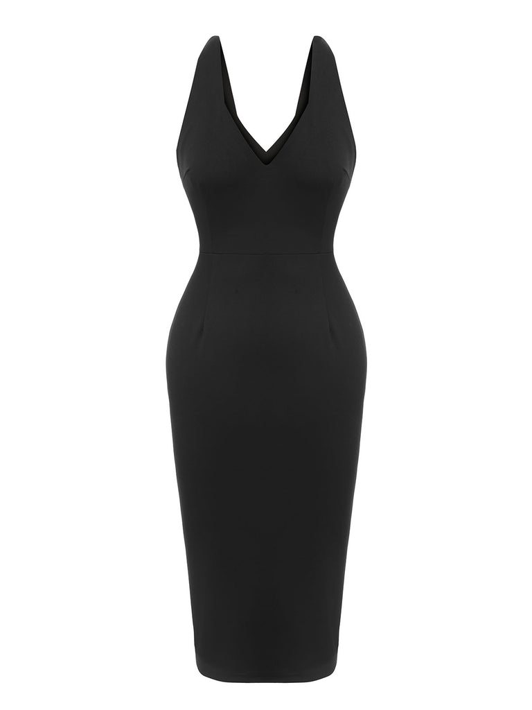 Black 1960s V-Neck Solid Bodycon Dress, vintage dress, retro fashion - perfect for women who love vintage and retro fashion