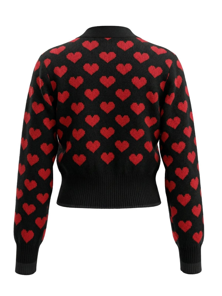 Black 1960s Valentine Heart Cropped Knit Cardigan - vintage fashion, retro style, classic black