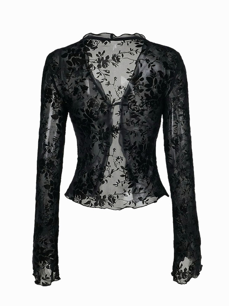 Black 1960s Water-soluble Lace Trim Sheer Blouse - vintage fashion, retro style, classic black