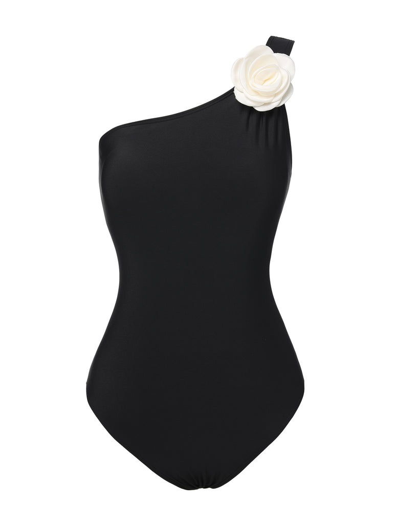 Black 1970s 3D Flower One-Shoulder Swimsuit, vintage swimsuit, pin-up swimwear - perfect for women who love vintage and retro fashion