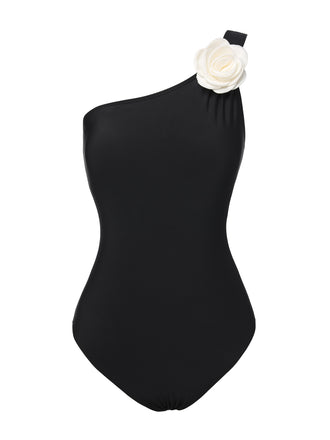 Black 1970s 3D Flower One-Shoulder Swimsuit, vintage swimsuit, pin-up swimwear - perfect for women who love vintage and retro fashion
