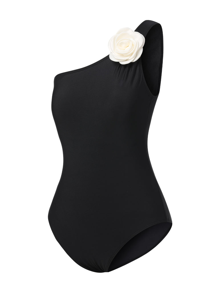 Black 1970s 3D Flower One-Shoulder Swimsuit, vintage swimsuit, pin-up swimwear - perfect for women who love vintage and retro fashion