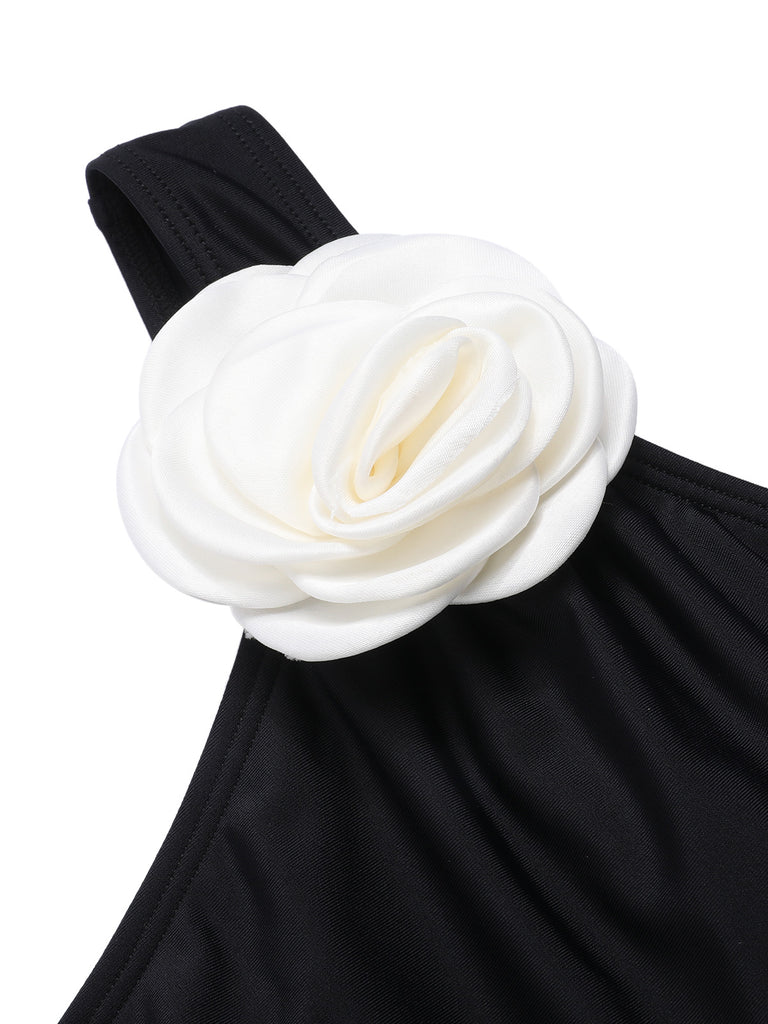 Black 1970s 3D Flower One-Shoulder Swimsuit, vintage swimsuit, pin-up swimwear - perfect for women who love vintage and retro fashion