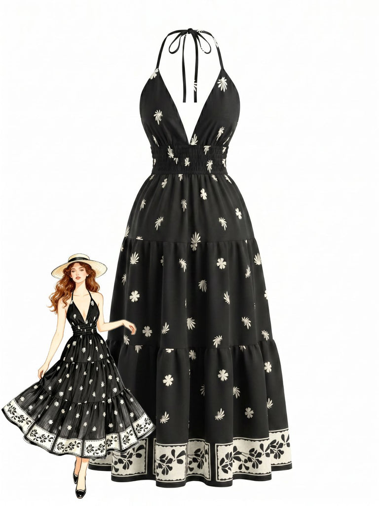 Black 1970s Bohemian Halter Backless Maxi Dress - vintage dress, retro fashion for vintage lovers