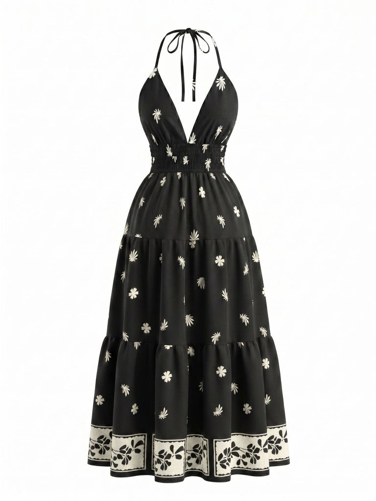 Black 1970s Bohemian Halter Backless Maxi Dress - vintage dress, retro fashion for vintage lovers