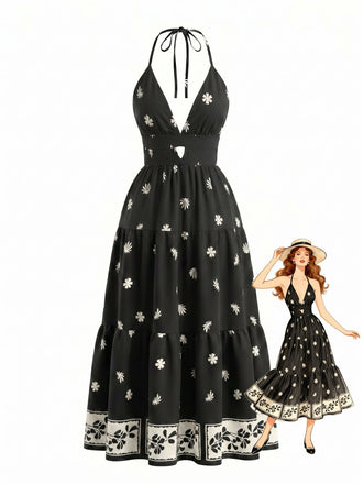 Black 1970s Bohemian Halter Backless Maxi Dress, vintage dress, retro fashion - perfect for women who love vintage and retro fashion