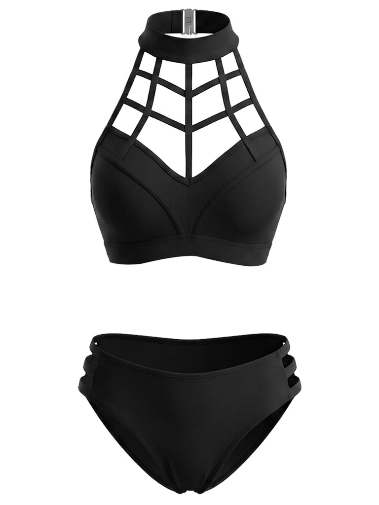 Black-1970s-Caged-Halter-Gothic-Cutout-Bikini-Set, vintage, retro, swimwear