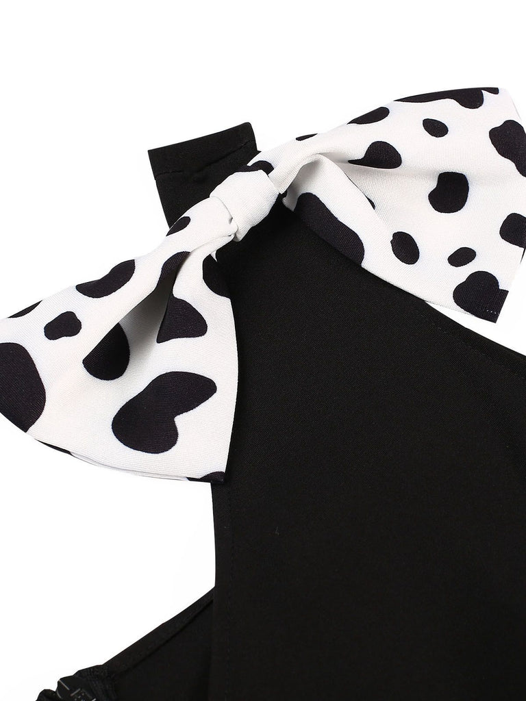 Black 1970s Cow Spots Patchwork Dress, vintage dress, retro fashion - perfect for women who love vintage and retro fashion