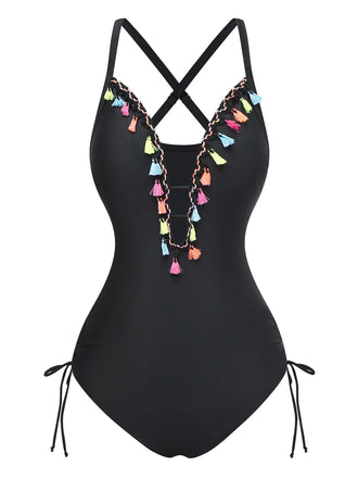 Black 1970s Deep V-Neck Tassels One-Piece Swimsuit - vintage swimsuit, pin-up style, classic black
