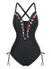 Black 1970s Deep V-Neck Tassels One-Piece Swimsuit - vintage swimsuit, pin-up style, classic black