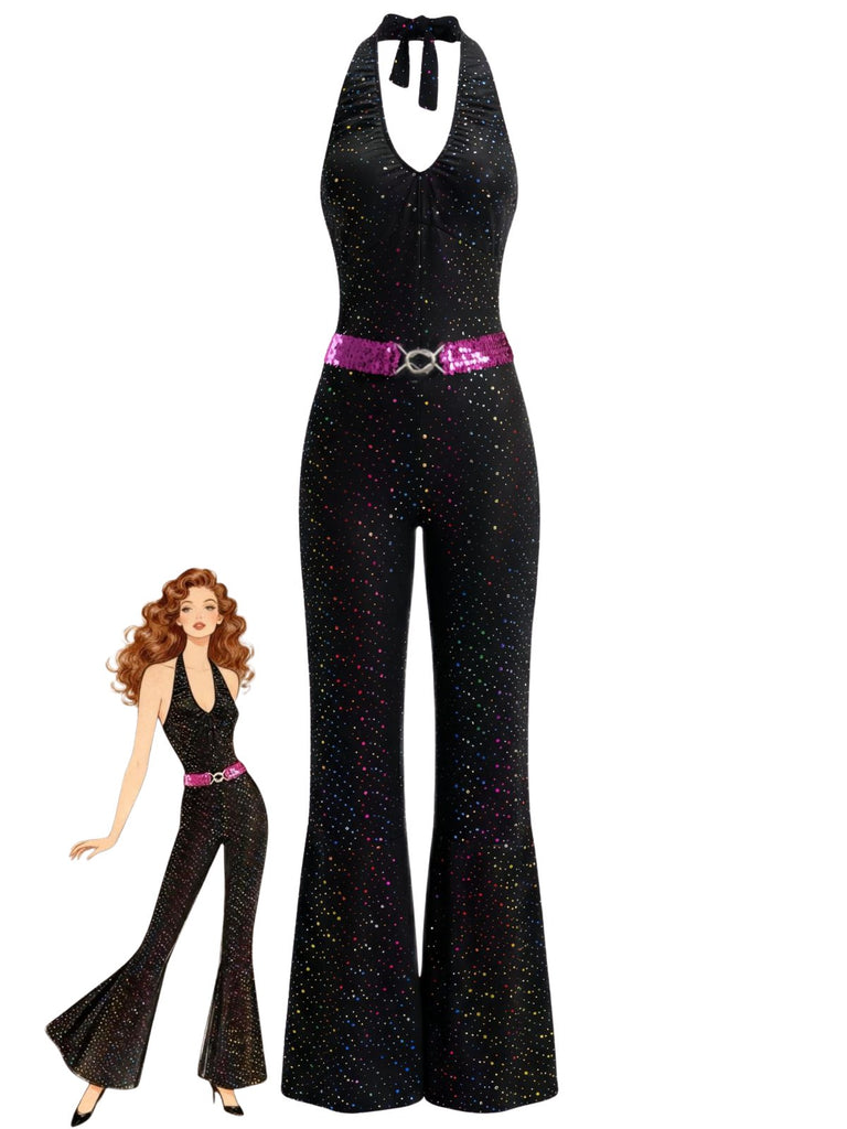 Black 1970s Disco Sequined Halter Flared Jumpsuit - vintage jumpsuit, retro fashion, classic black