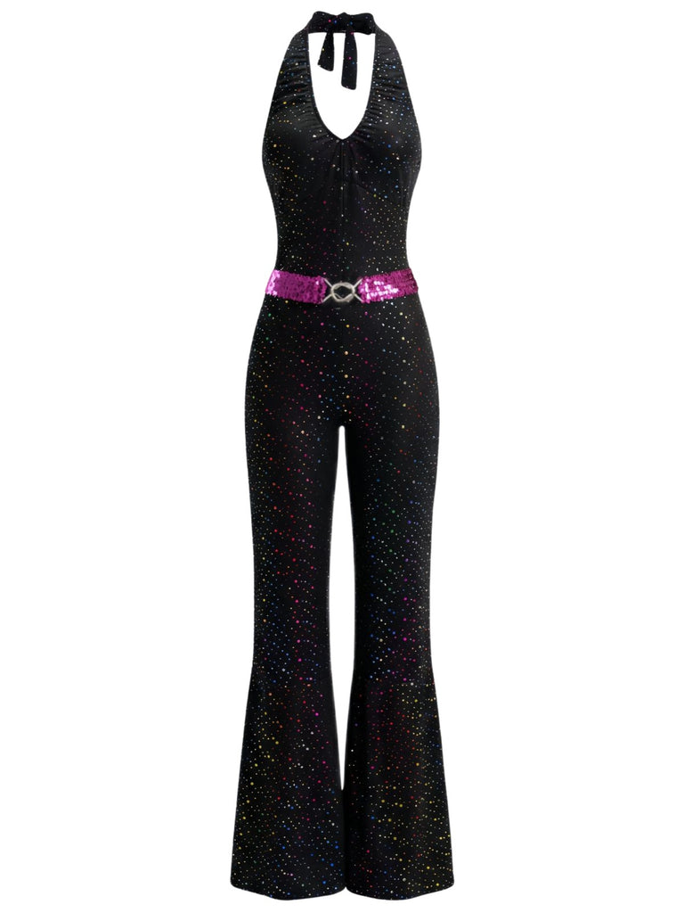 Black 1970s Disco Sequined Halter Flared Jumpsuit - vintage jumpsuit, retro fashion, classic black