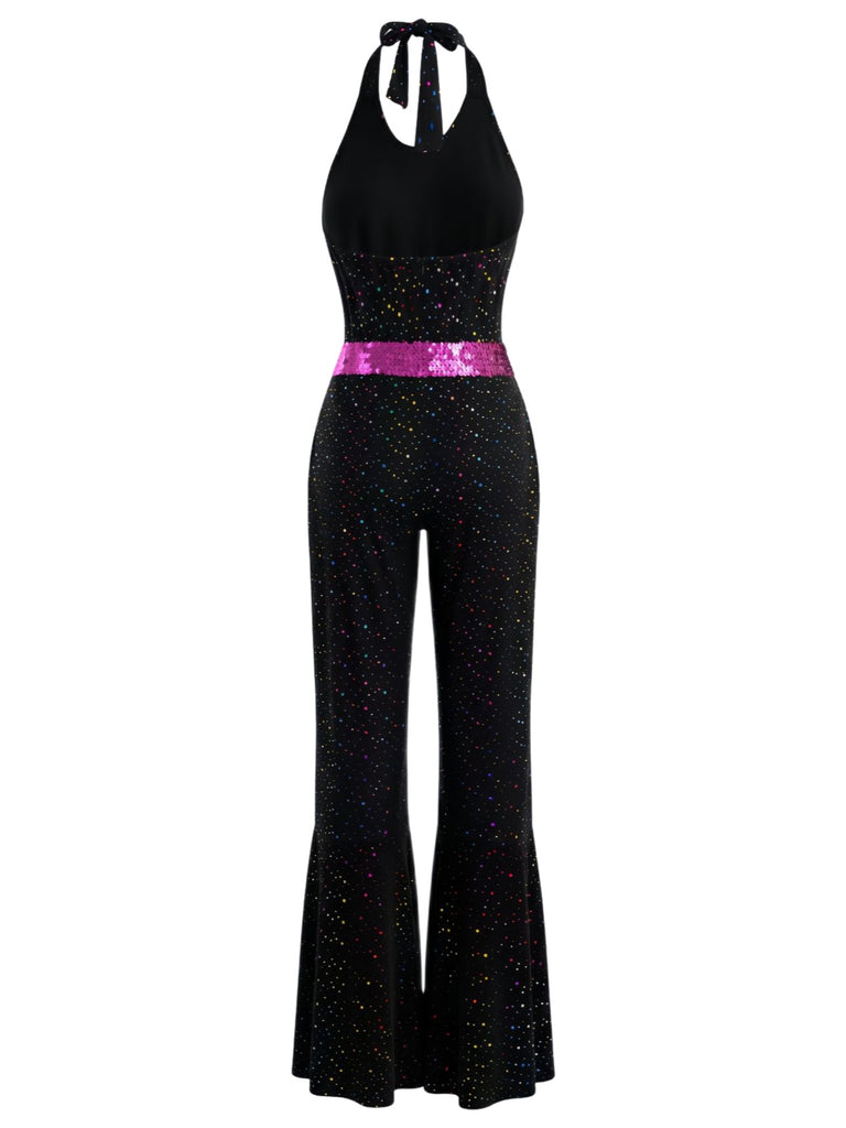 Black 1970s Disco Sequined Halter Flared Jumpsuit - vintage jumpsuit, retro fashion, classic black