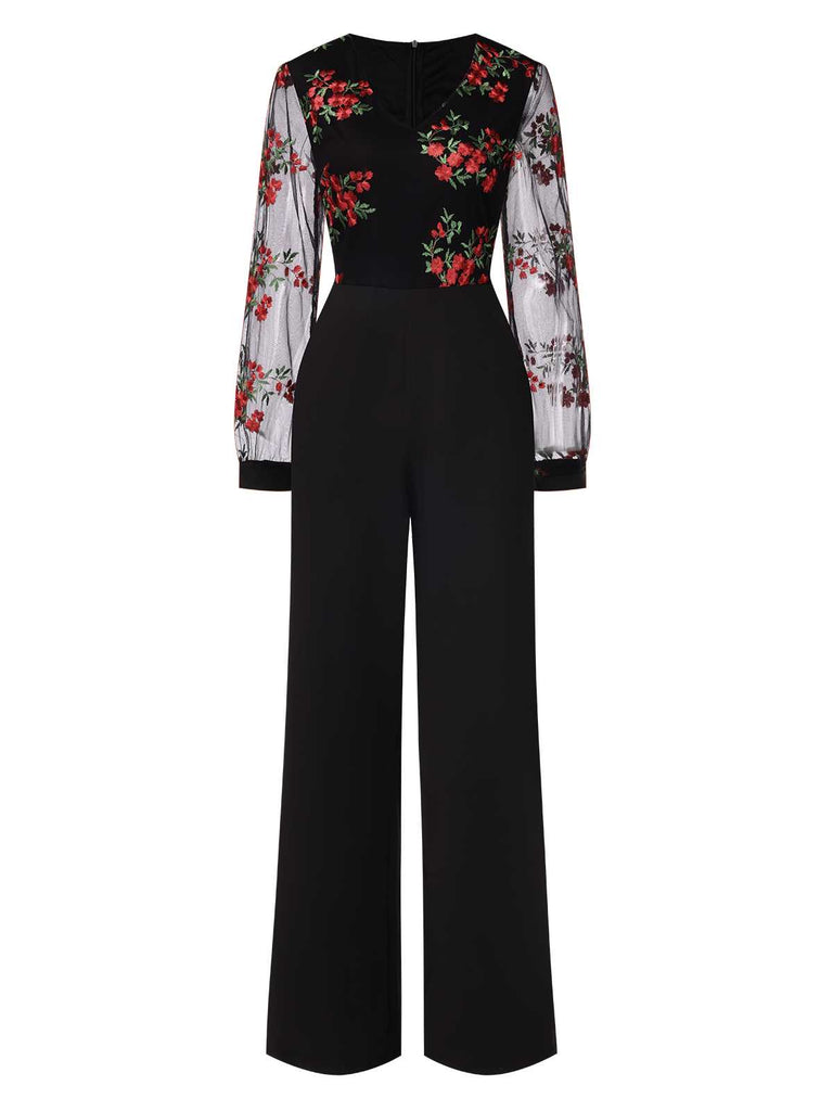 Black 1970s Embroidered Floral Jumpsuit: timeless 1970s elegance she makes her own